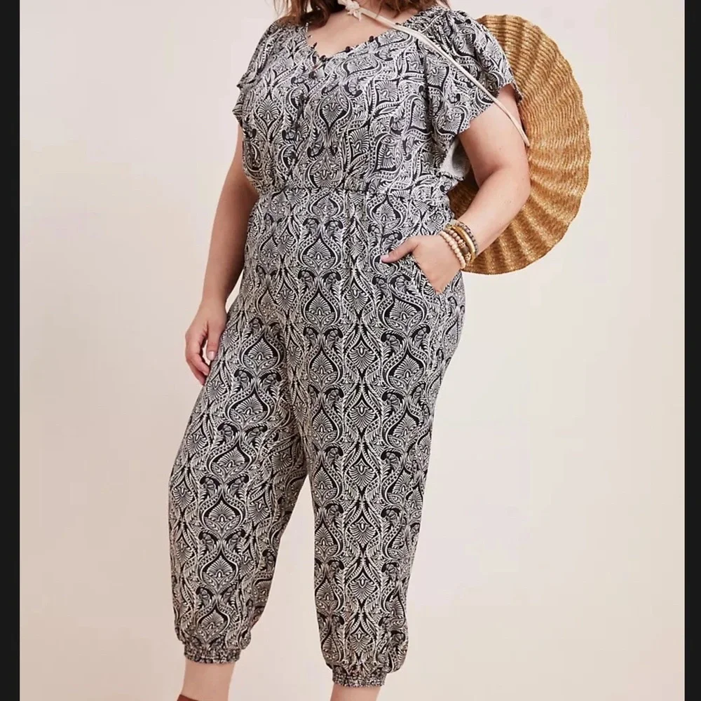 Anthropologie Zadie Black Printed button Jumpsuit Flutter sleeve Pockets - Picture 1 of 12